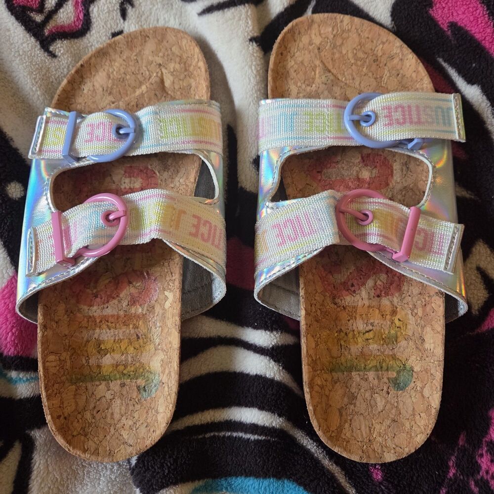 Justice Girls Holographic Cork Slide Sandals Rainbow Barbiecore Youth 5 Fits...